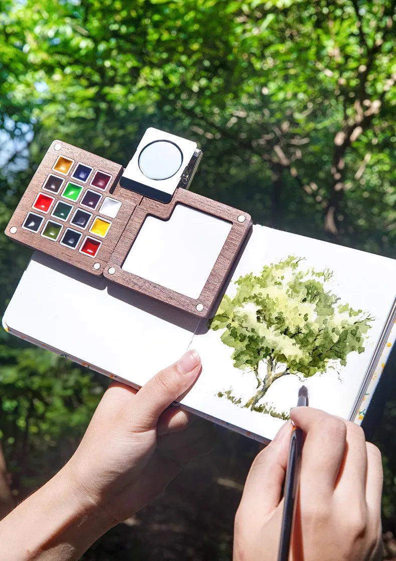 Portable Travel Watercolor Paint Set Schmincke 8 Colors Mini Walnut Box Palette Water Colour Brush Book Sketchbook Art Supplies