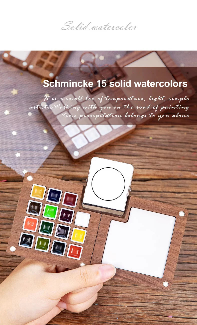 Portable Travel Watercolor Paint Set Schmincke 8 Colors Mini Walnut Box Palette Water Colour Brush Book Sketchbook Art Supplies