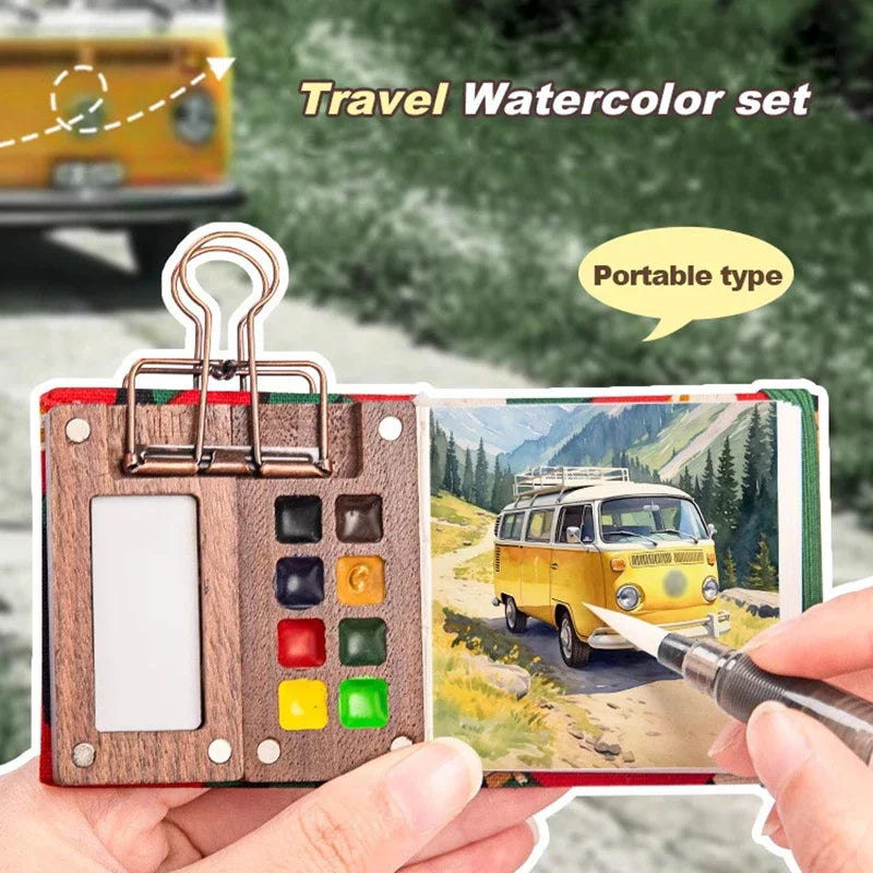 8/15Colors Schmincke Travel Wooden Handmade Watercolor Paint Tray Box Sketchbook Set Mini Walnut Palette Water Colour Brush Book