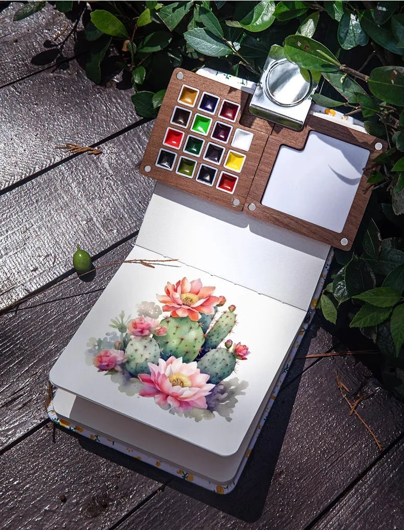 Portable Travel Watercolor Paint Set Schmincke 8 Colors Mini Walnut Box Palette Water Colour Brush Book Sketchbook Art Supplies