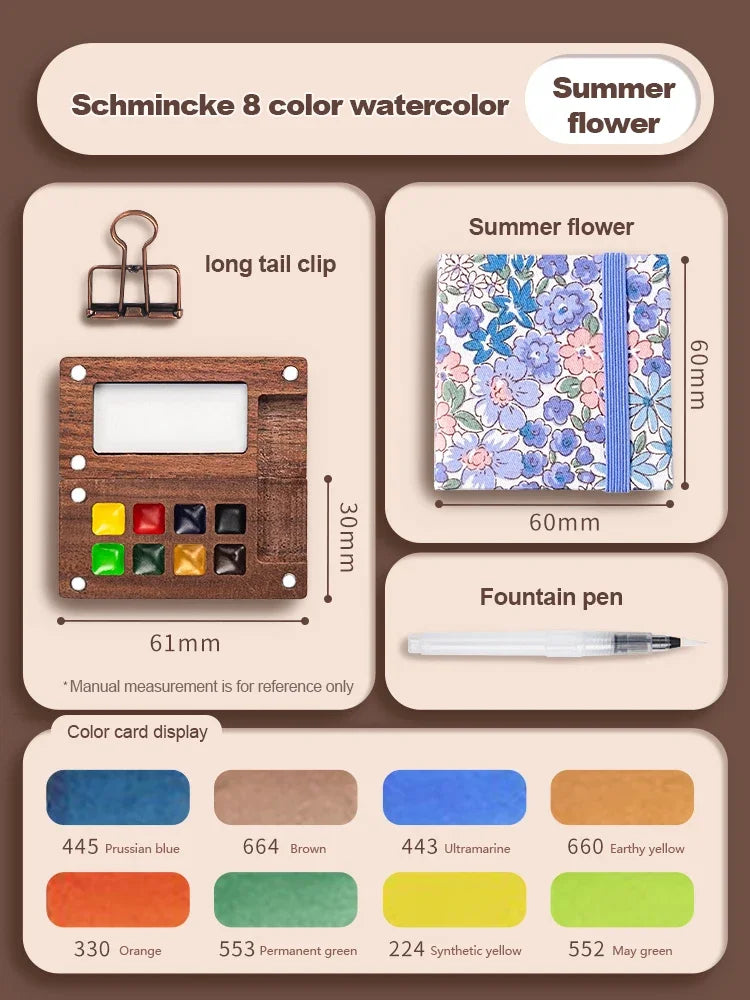 8/15Colors Schmincke Travel Wooden Handmade Watercolor Paint Tray Box Sketchbook Set Mini Walnut Palette Water Colour Brush Book